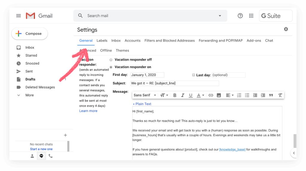Using Gmail’s out of office (Vacation) feature to send an auto-reply