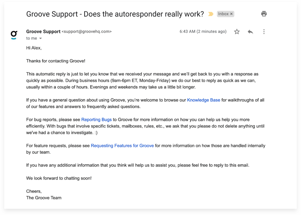 Example of a good support request autoresponder