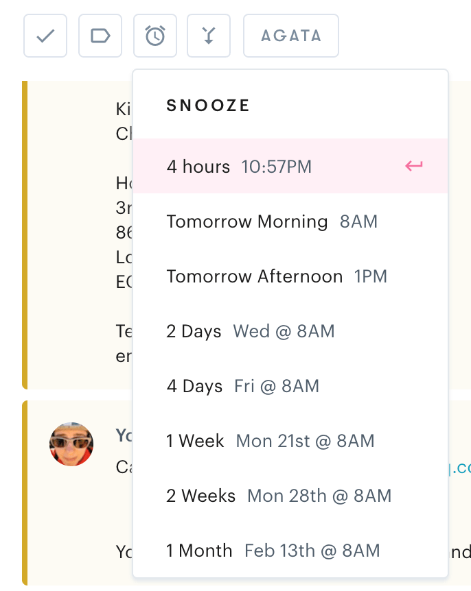customer service email with snooze example