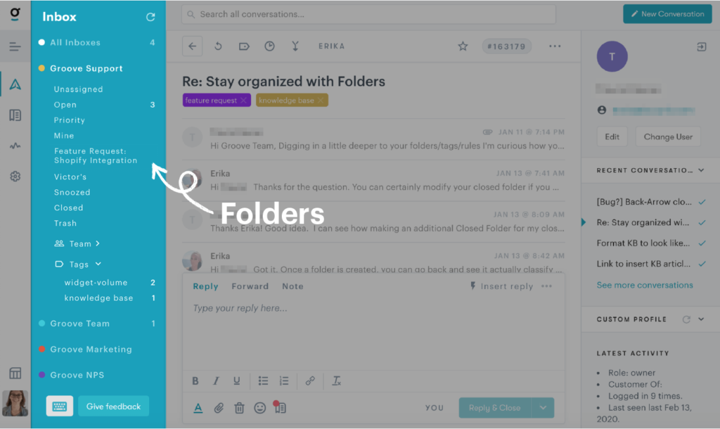 showing folders in a customer service ticketing system