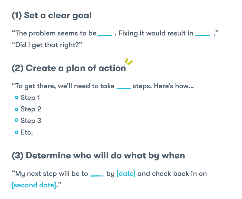 (1) Set a clear goal
“The problem seems to be [blank]. Fixing it would result in [blank].”
“Did I get that right?”
(2) Create a plan of action
“To get there, we’ll need to take [blank] steps. Here’s how…
Step 1
Step 2
Step 3
Etc.
(3) Determine who will do what by when
“My next step will be to [blank] by [date] and check back in on [second date].”
“Your next step will be to [blank] by [date] and check back in on [second date].”