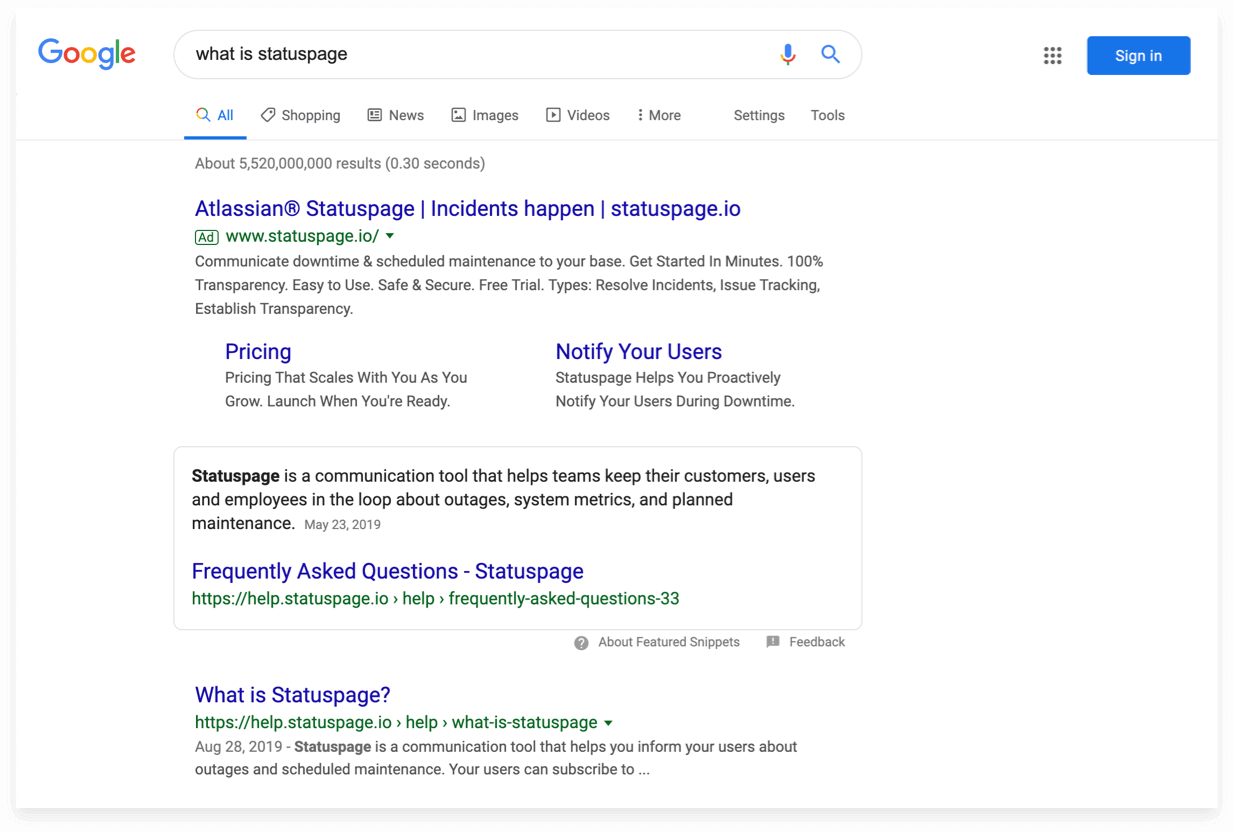 Search results for what is statuspage lead directly to its knowledge base