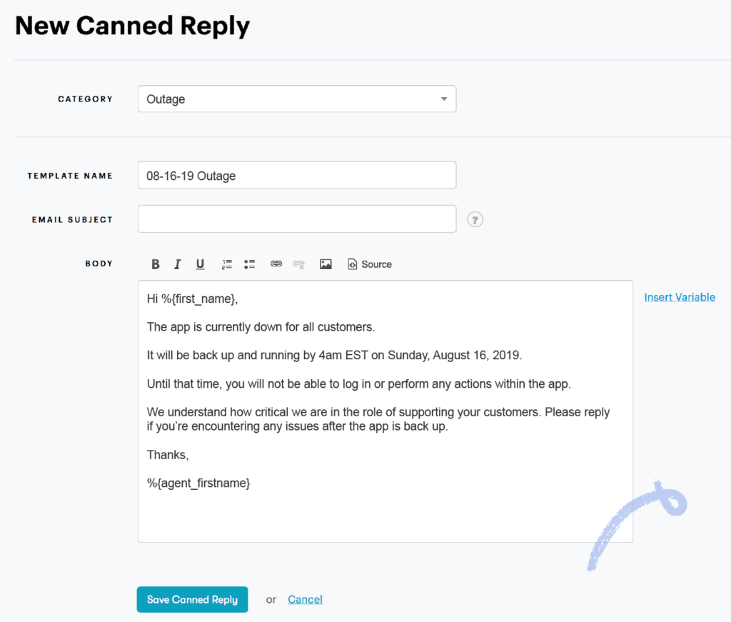 auto-reply for outage example